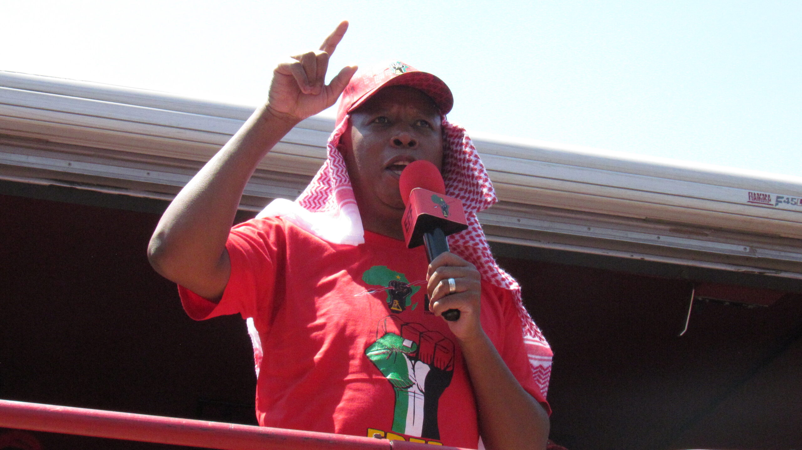 EFF Commander in Chief Julius Malema addressing. the crowd outside Israeli embassy in Pretoria photo by Dimakatso Modipa  