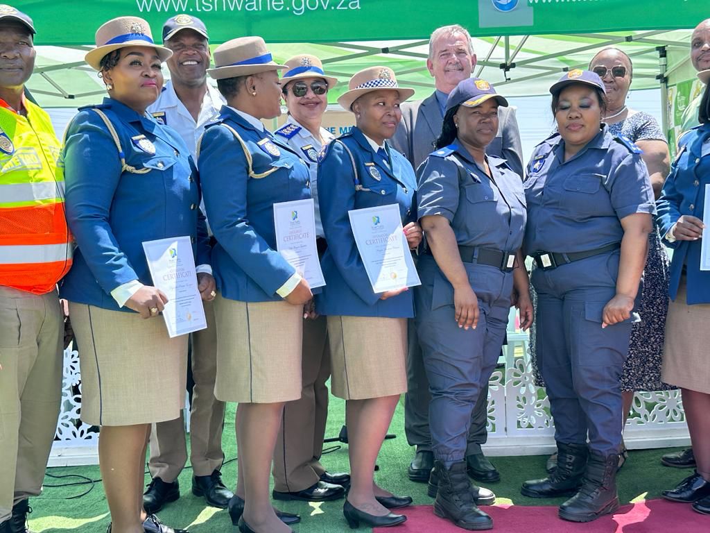 Tshwane MMC for Community Safety Grandi Theunissen and MMC for Roads and transport Katlego Mathebe with Metro officers and SAPS during the launch of bus alchohol in Mabopane highway Tshwane