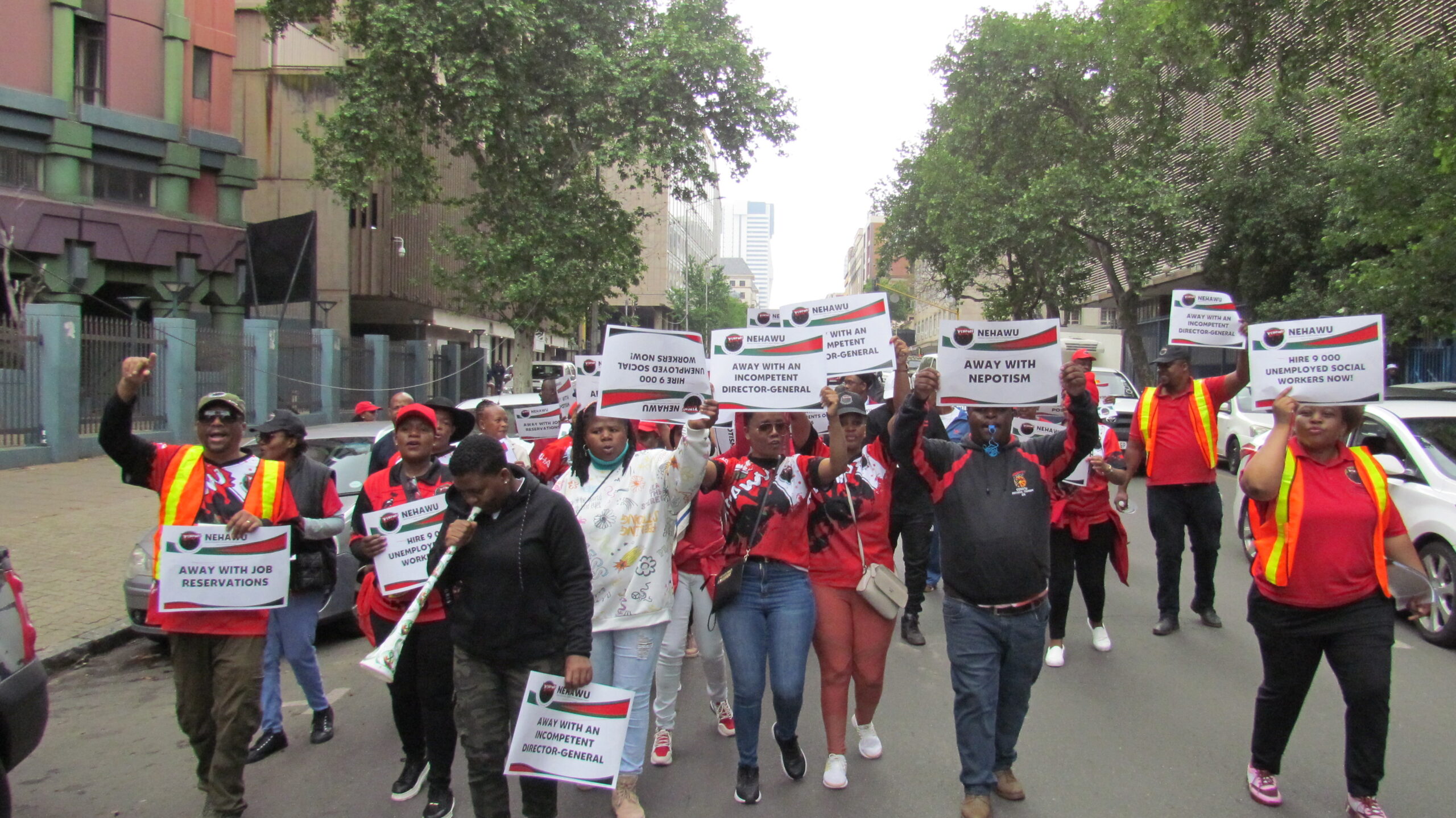 members of NEHAWU picketing outside the department of social development in Pretoria calling for the removal of acting director general