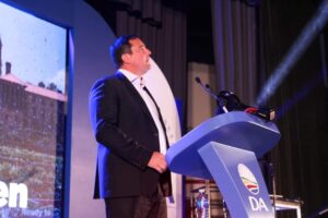 DA Federal leader John Steenhuisen addressing his supporters at the Eersterust Community Hall in Tshwane