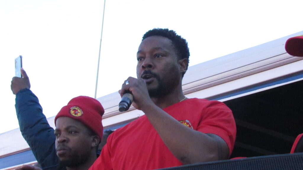 NUMSA regional leader Vivani Shezi addressing the 
 striking workers at Ford company in Silverton photo by Dimakatso Modipa 