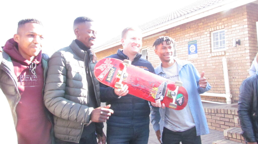 Public Works and Infrastructure Development Minister Dean McPherson and skateboard club founder Poelo Mofolo in Mamelodi west, Tshwane photo by Dimakatso Modipa