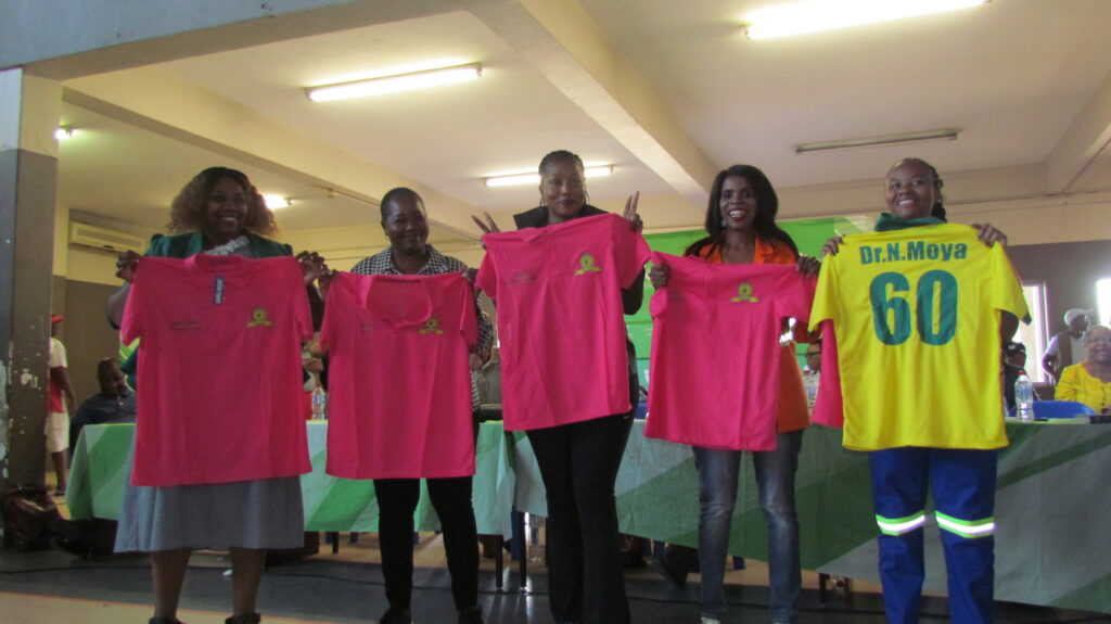 City of Tshwane mayor Dr Nasiphi Moya and female MMC's received Mamelodi Sundowns soccer jersey from the deputy chief whip Collen Marishane 