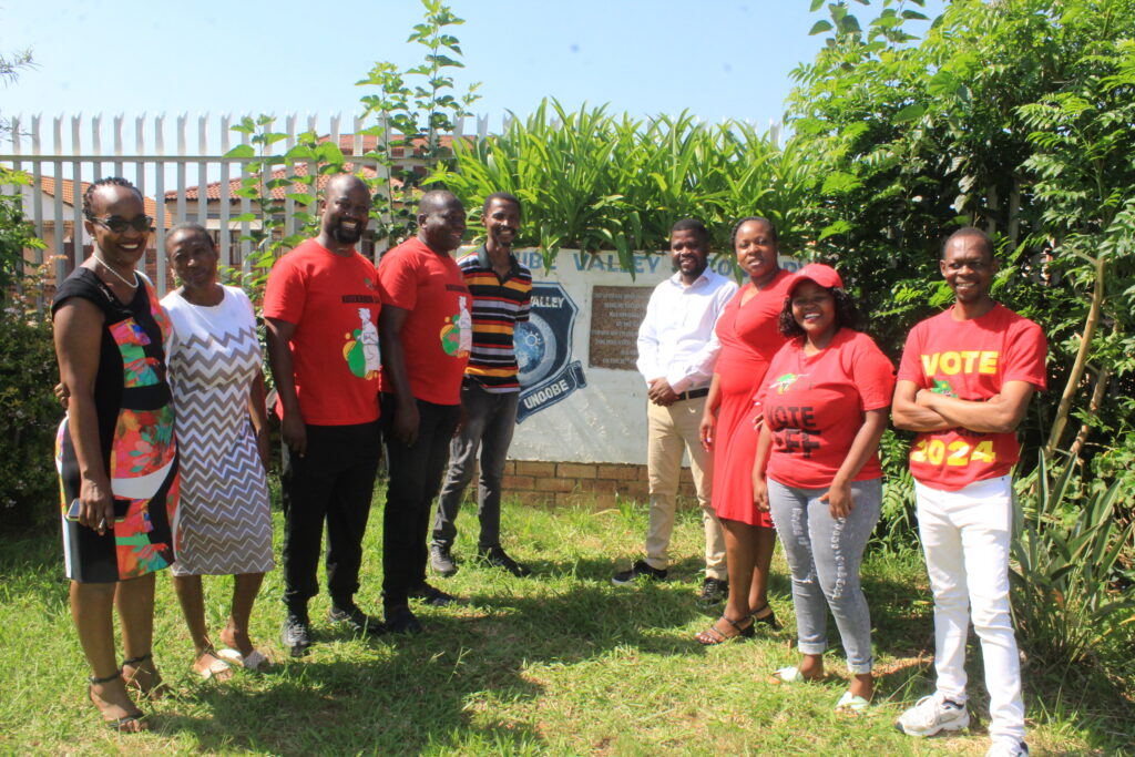 Economic Freedom Fighters Tshwane Sub-Regional leader in Mamelodi Bongani King Ramontja with fellow EFF members and Mahube Valley Secondary school staff