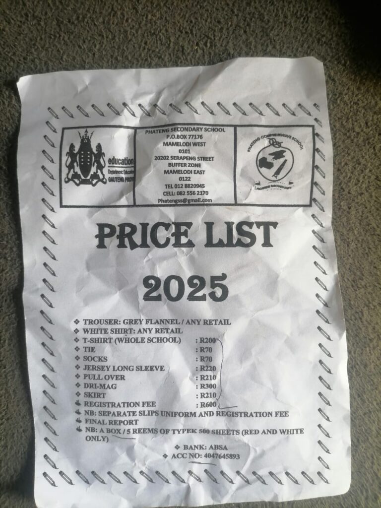 The price list that shows how much learners of grade 8 have to spend on top of the R800 demanded by principal Mohlala of Phateng Secondary School.