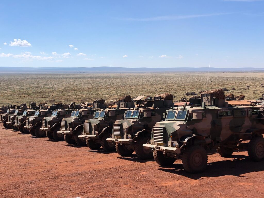 A convoy of Casspir Armoured Personnel Carriers lined up and ready for deployment. Photo by Zinhle Bhuda