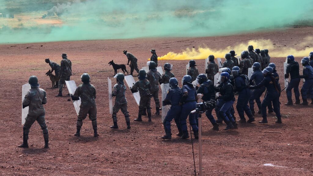Members of the SANDF and the South African Police Service (SAPS) conduct a joint crowd management drill by PhotoZinhle Bhuda