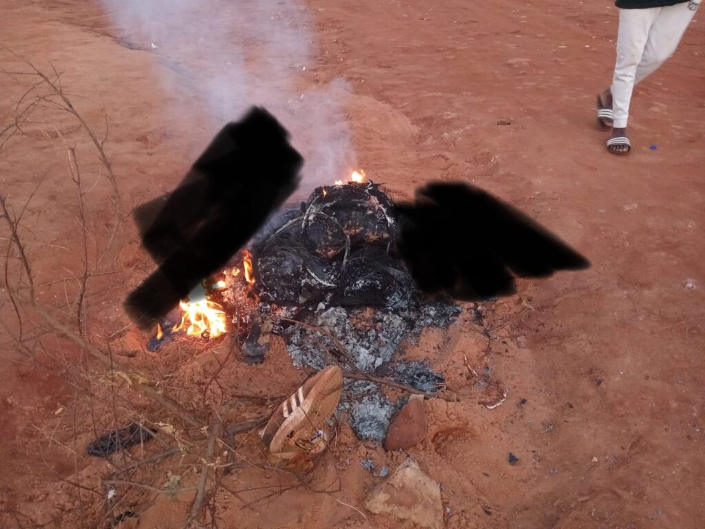 The burned body of an alleged thug in Stoffel Park Far east of Mamelodi Tshwane photo supplied 