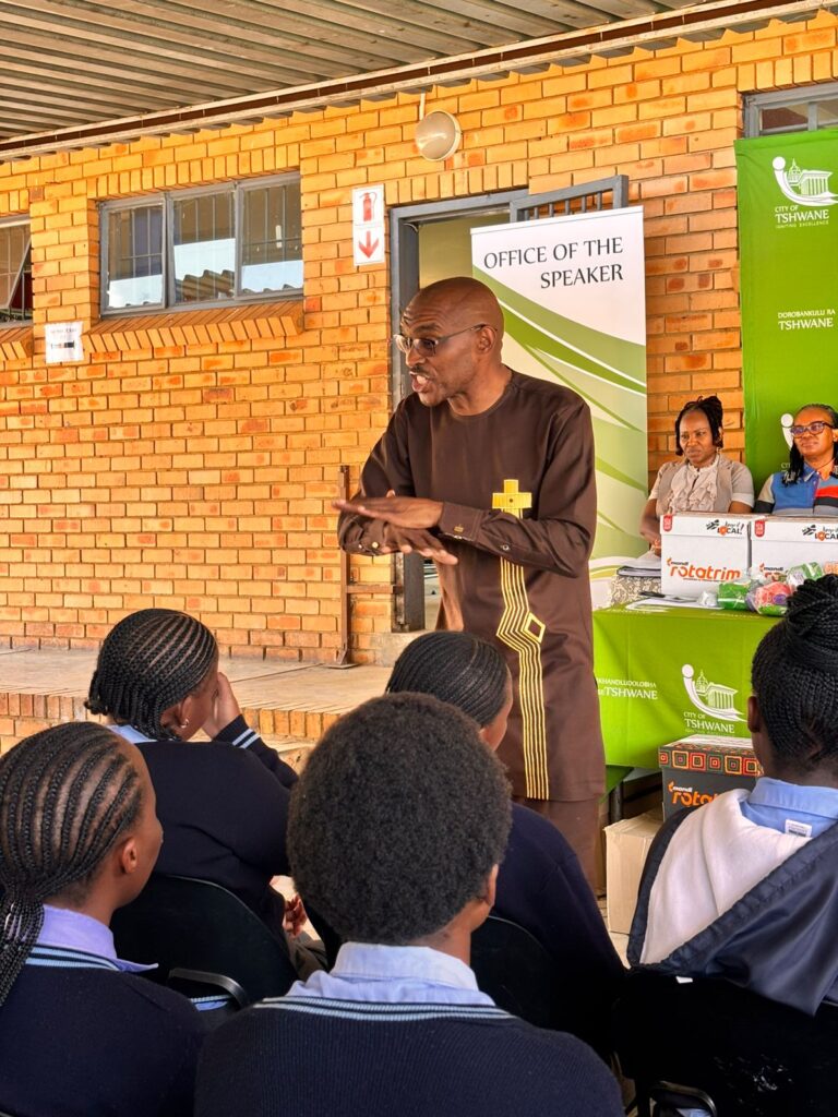 Speaker Mncedi Ndzwanana addressing learners at Mahlenga Secondary School