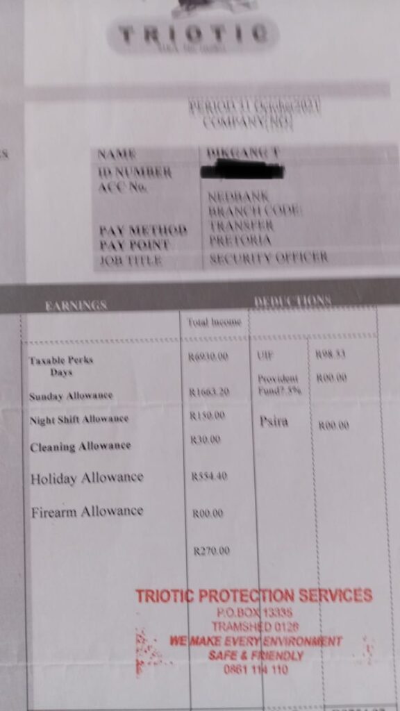 Payslips showing that UIF was deducted yet Modise didn't pay it to the UIF fund photos supplied 