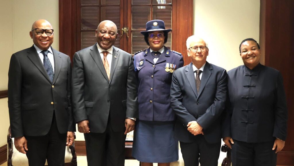 Acting National Commissioner Lieutenant General Puleng Dimpane, Acting police Minister Firoz Chachalia, president of South Africa Cyril Ramaphosa and two deputy ministers of police Cassel Mathela and Dr Shiela Boshielo photo supplied