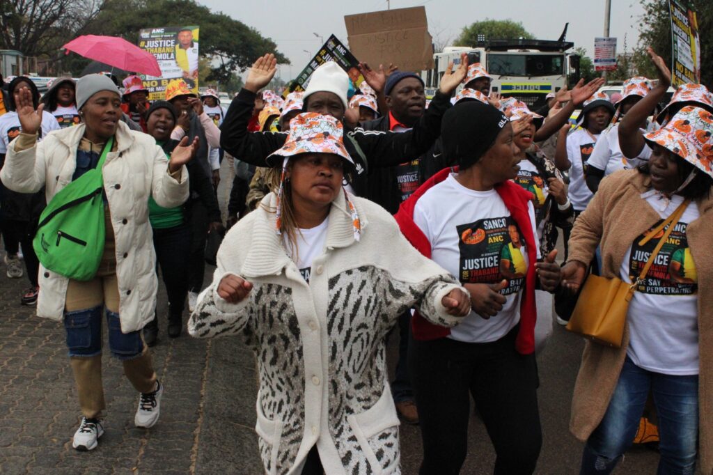 SANCO members protesting outside Mamelodi Magistrate court calling no bail for murder accused photos by Dimakatso Modipa
