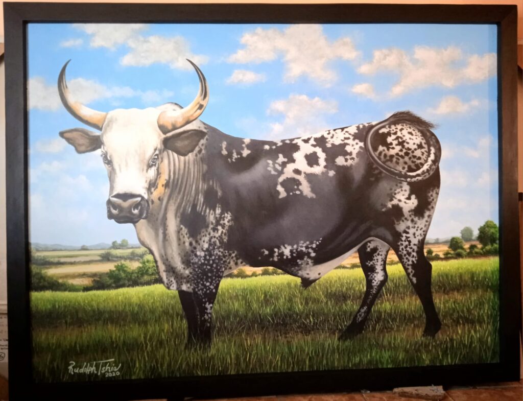 A painting of a strong bull in the pasture