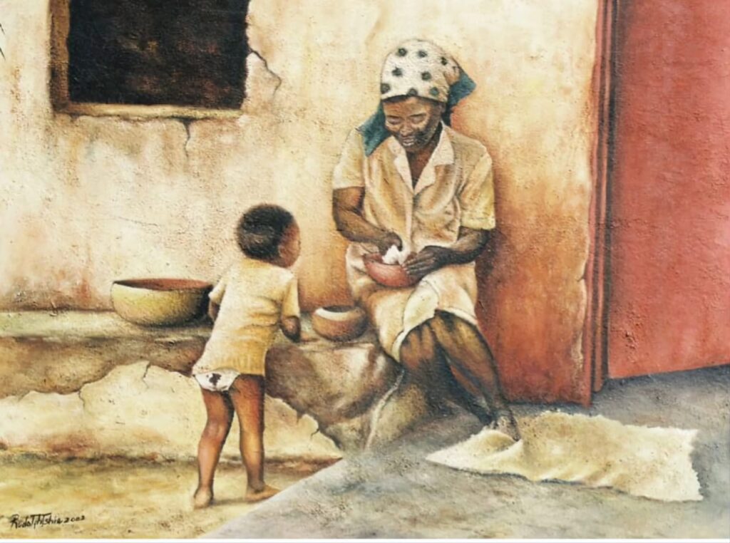 Mother and daughter warming up in the morning sun, captured in paint
