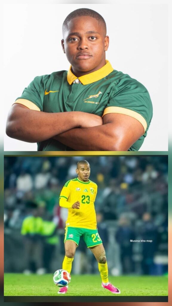 The two outstanding young sportsmen, Bafana Bafana and Mamelodi Sundowns midfielder Jayden Adams and former South African Rugby Under-18 prop Luqobo Makwedini photos supplied 