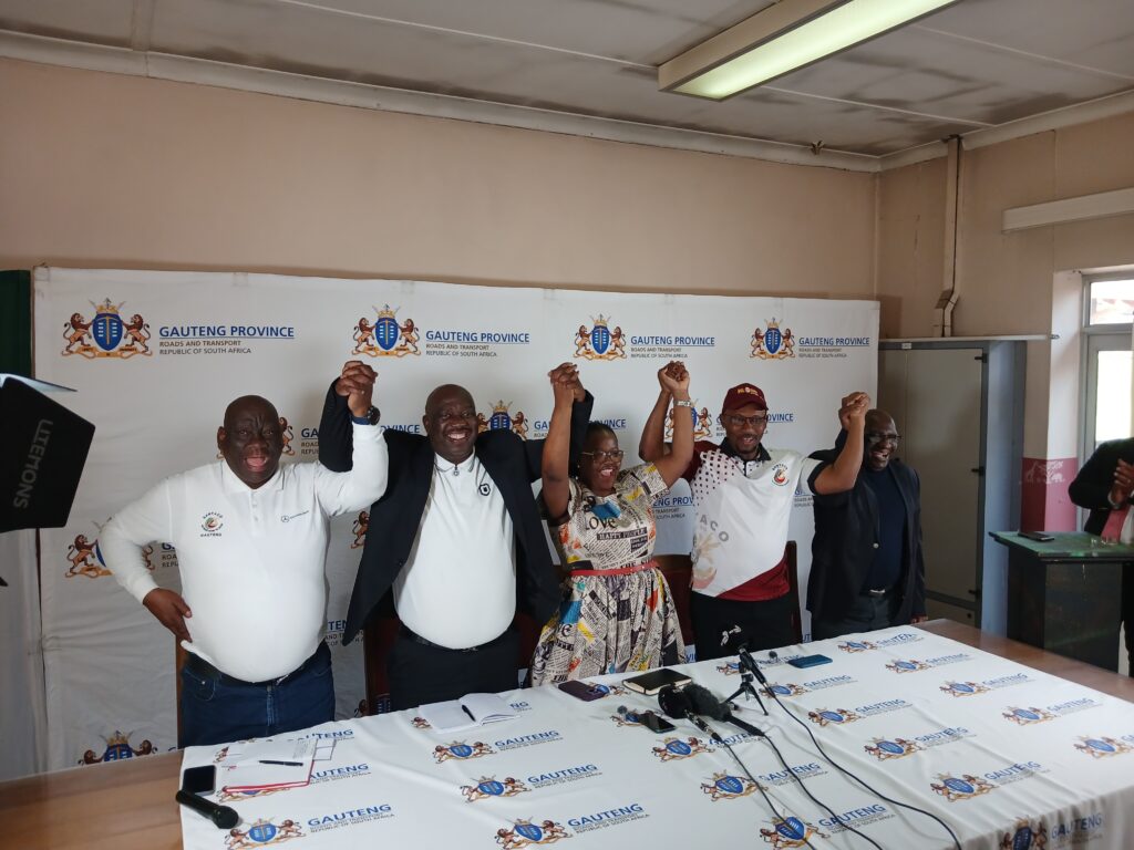 Gauteng MEC for transport Kedibone Diale-Tlabela and taxi industry bosses show happy face photo by Dimakatso Modipa 