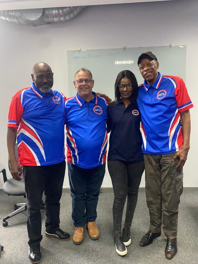SAFTA Spokesperson Mzwakhe Mbuli, Head of Media and Communications Dede Mogotlane, SAFTA members Janneman Terblanche and Bannie van der Walt at the organisation's media briefing in Johannesburg on Friday