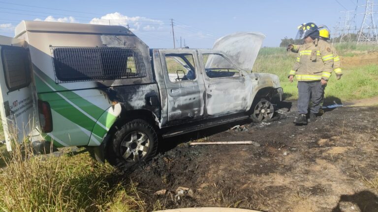Fire fighters attending a municipality bakkie that burned at Atteridgeville Primary Substation.