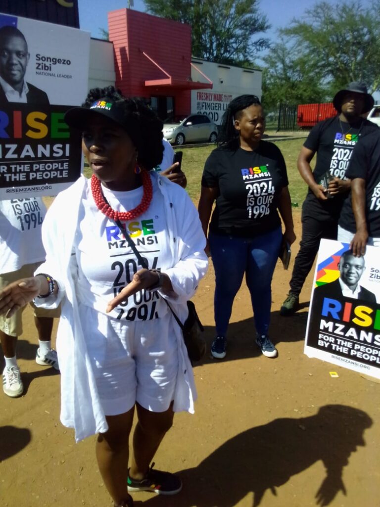 Rise Mzansi Premier candidate for Gauteng Vuyiswa Ramokgopa addressing her party supporters at Mam's mall Mamelodi east, Tshwane