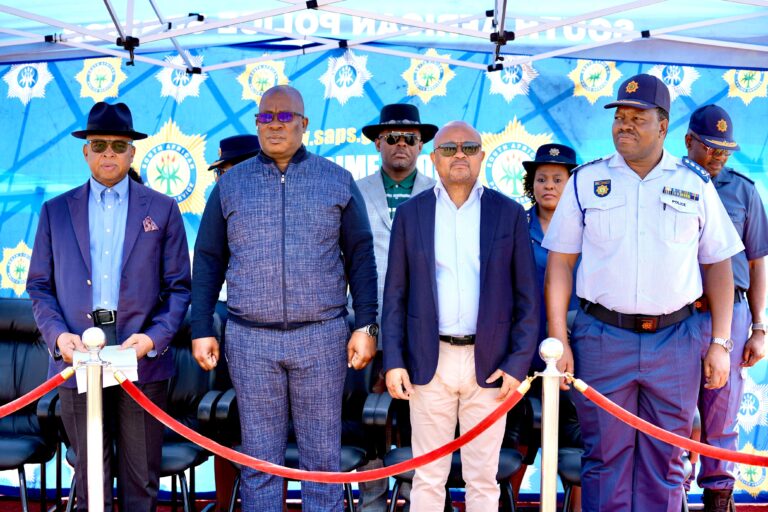 Deputy minister of police Cassel Mathale, Gauteng premier Panyaza Lesufi. minister of police Senzo Mchunu and National Police Commissioner General Fannie Masemola in Moretele Park Mamelodi during the launched of festive season