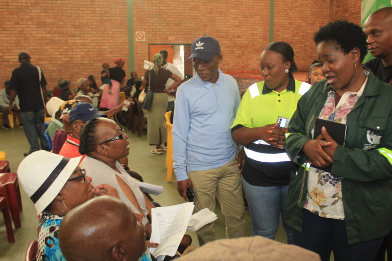 MMC for community and social development services Palesa Modise with Mamelodi councillors talking to elderly people about indigent program photo by Dimakatso Modipa