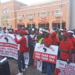 South African Cleaners Security and Allied Workers Union (SACSAAWU) members protest outside the Tshwane House demanding that the City of Tshwane Metro must insource all cleaners and security guards' photo by Dimakatso Modipa