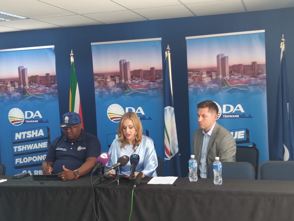Cllr Jacqui Uys DA Tshwane Caucus Chief Whip briefing media on Tuesday joined by DA Tshwane candidate Cilliers Brink and Temba Fosi photo by Dimakatso Modipa