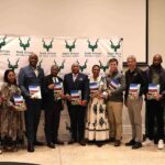 Senior delegates gathered in Port Alfred for the launch of the Biodiversity Economy Master Plan, including Deputy Minister of COGTA Prince Zolile Burns-Ncamashe (4th from left), His Majesty King Vululwandle Sandile of the AmaRharhabe Kingdom (5th from left), Dr Howard Hendricks Managing Executive: Conservation (3rd from right), World Bank Practice Manager for East and Southern Africa Paul Martin (far right) photo supplied