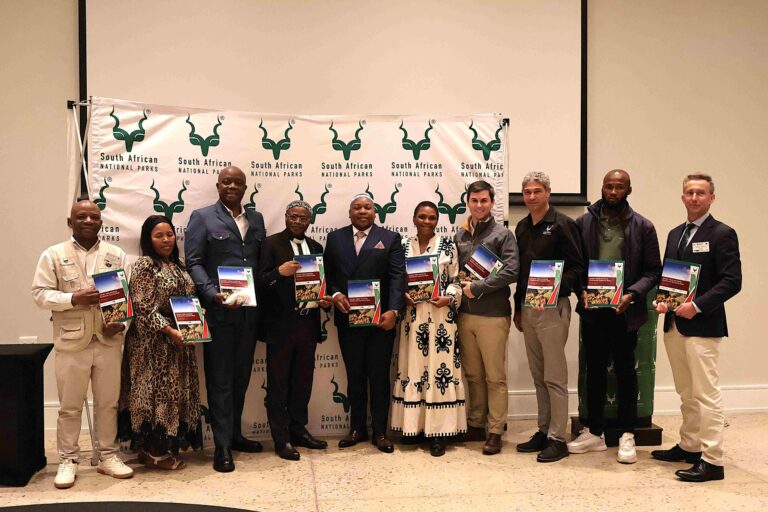 Senior delegates gathered in Port Alfred for the launch of the Biodiversity Economy Master Plan, including Deputy Minister of COGTA Prince Zolile Burns-Ncamashe (4th from left), His Majesty King Vululwandle Sandile of the AmaRharhabe Kingdom (5th from left), Dr Howard Hendricks Managing Executive: Conservation (3rd from right), World Bank Practice Manager for East and Southern Africa Paul Martin (far right) photo supplied