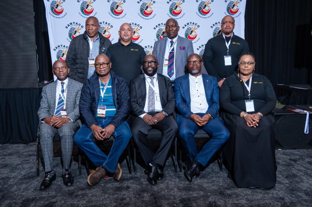 Newly elected National Leadership of SANTACO Back from left: Mr. Mazwe Nkonki (Training Officer) Mr. Nadeem Abdurahman (Treasurer), Mr. Kenny Masemola (Public Relations Officer), Mr. Shakes Mayekani (Deputy Secretary General) Front from left: Mr. Daki Qumbu (Secretary General), Mr. Boy Zondi (1st Deputy President), Mr. Abnar Tsebe (President), Mr. Fanyana Sibanyoni (2nd Deputy President) and Ms. Lungiswa Mabija (National Chairperson) photo supplied