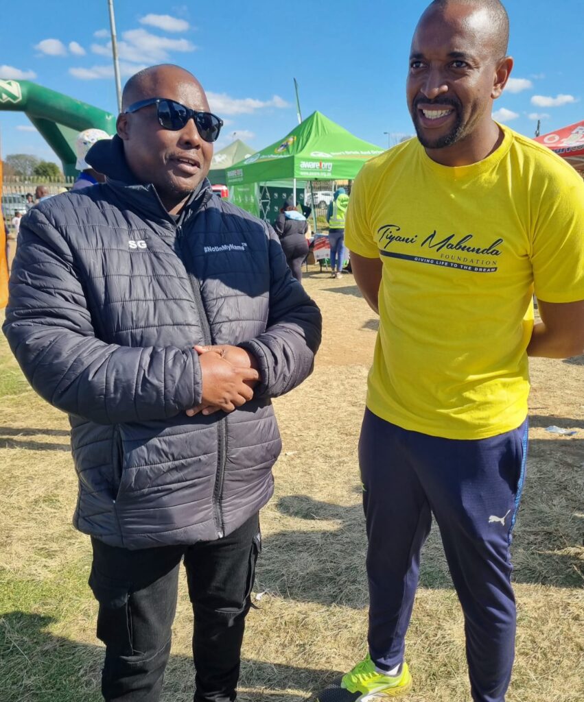 Former Mamelodi Sundowns midfielder Tiyani "Sugar" Mabunda and Temba Masango of #notinmyname at the High Schools Sports Tournament Mamelodi West, Tshwane